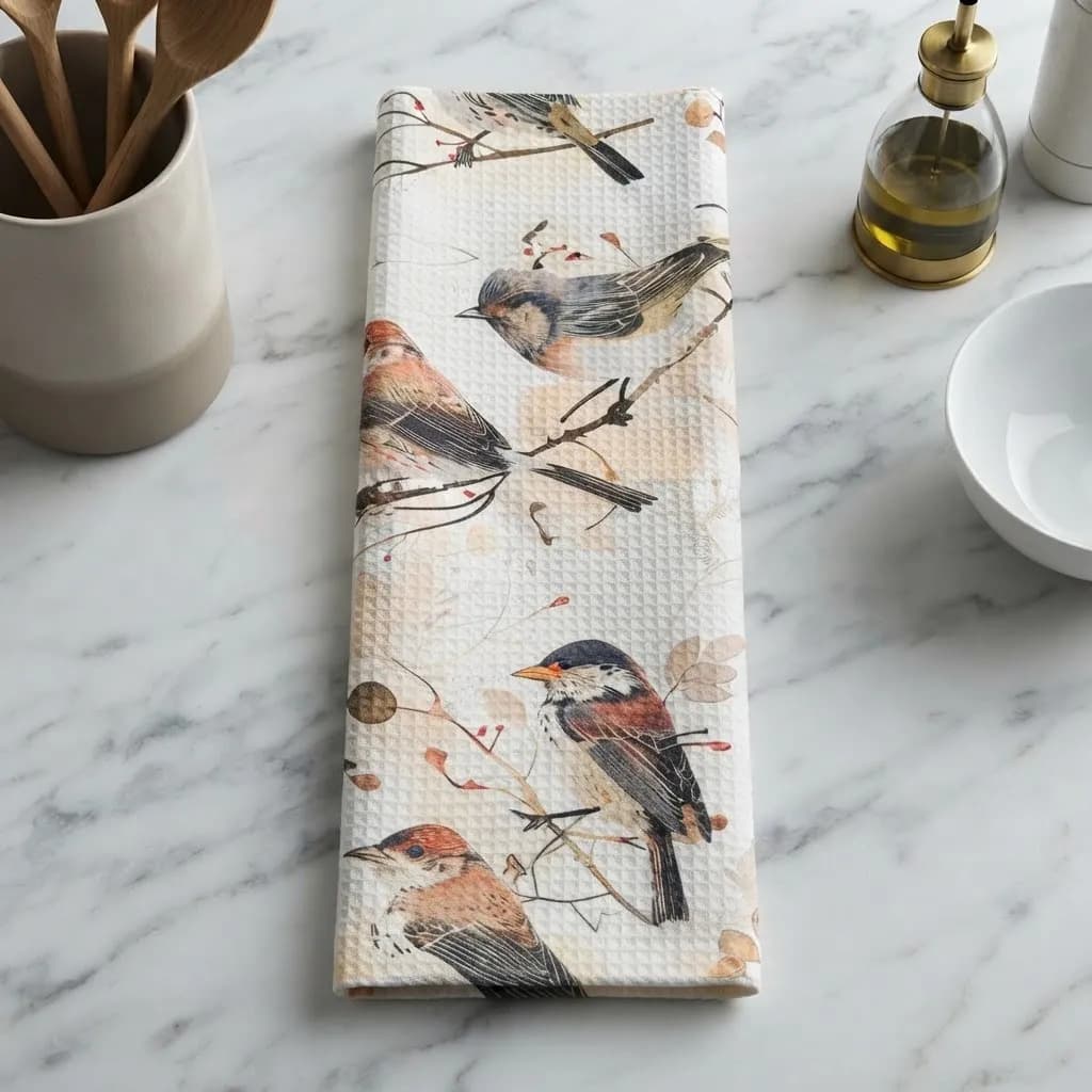 Pano De Cozinha Poliéste Importado - Várias Estampas Off White Passarinho - 1