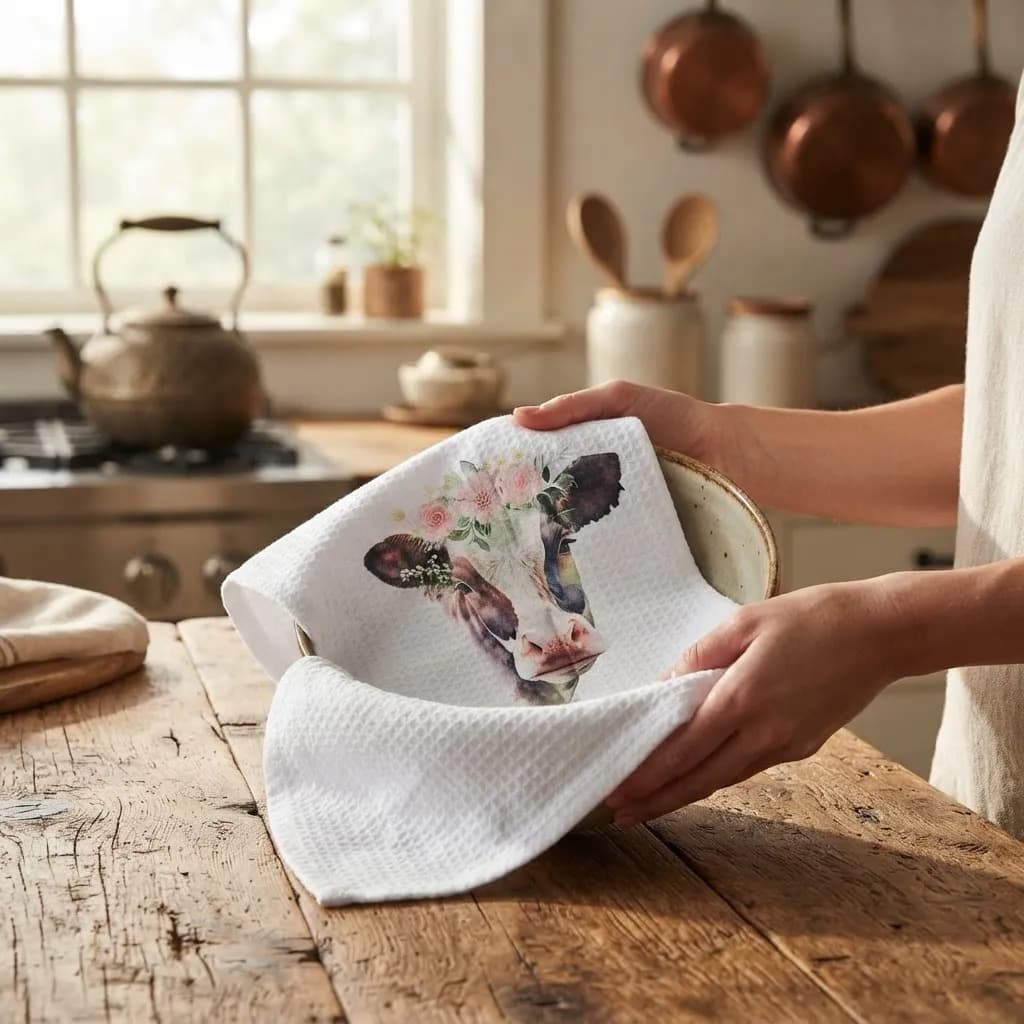 Pano De Cozinha Poliéste Importado - Várias Estampas Branco Vaquinha - 4