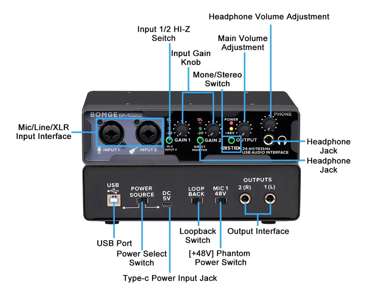 Interface De Áudio De Alta Resolução Bomge Bmg22 De 2ª Geração Preta 5v - 4
