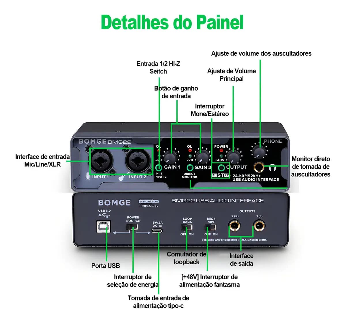 Interface De Áudio De Alta Resolução Bomge Bmg22 De 2ª Geração Preta 5v - 10