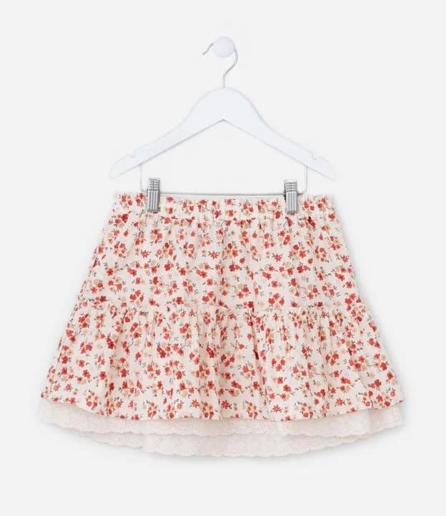 Saia Infantil com Rendinha e Estampa Floral - Tam 13-14 Bege/Vermelho - 2