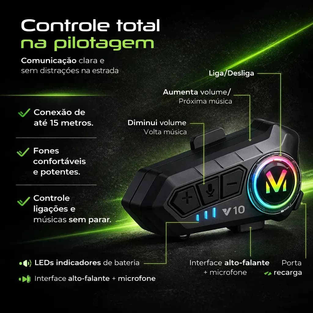 Fone De Ouvido Para Capacete Bluetooth Headset Rgb Sem Fio K - 8