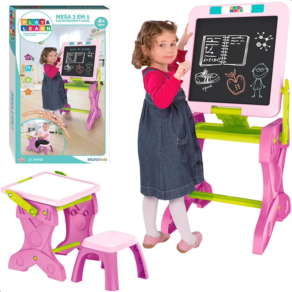 Mesa de Atividades Infantil 2 em 1 com Banquinho e Lousa Multikids - BR1766 - 2