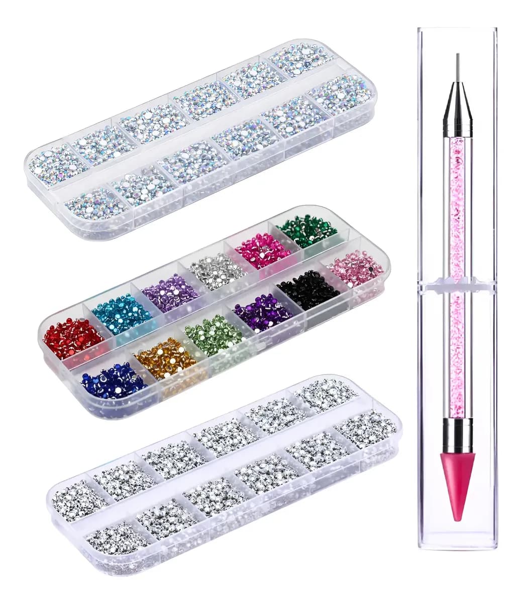 Kit 3 Estojos Strass Para Unhas + Caneta Aplicadora - 1
