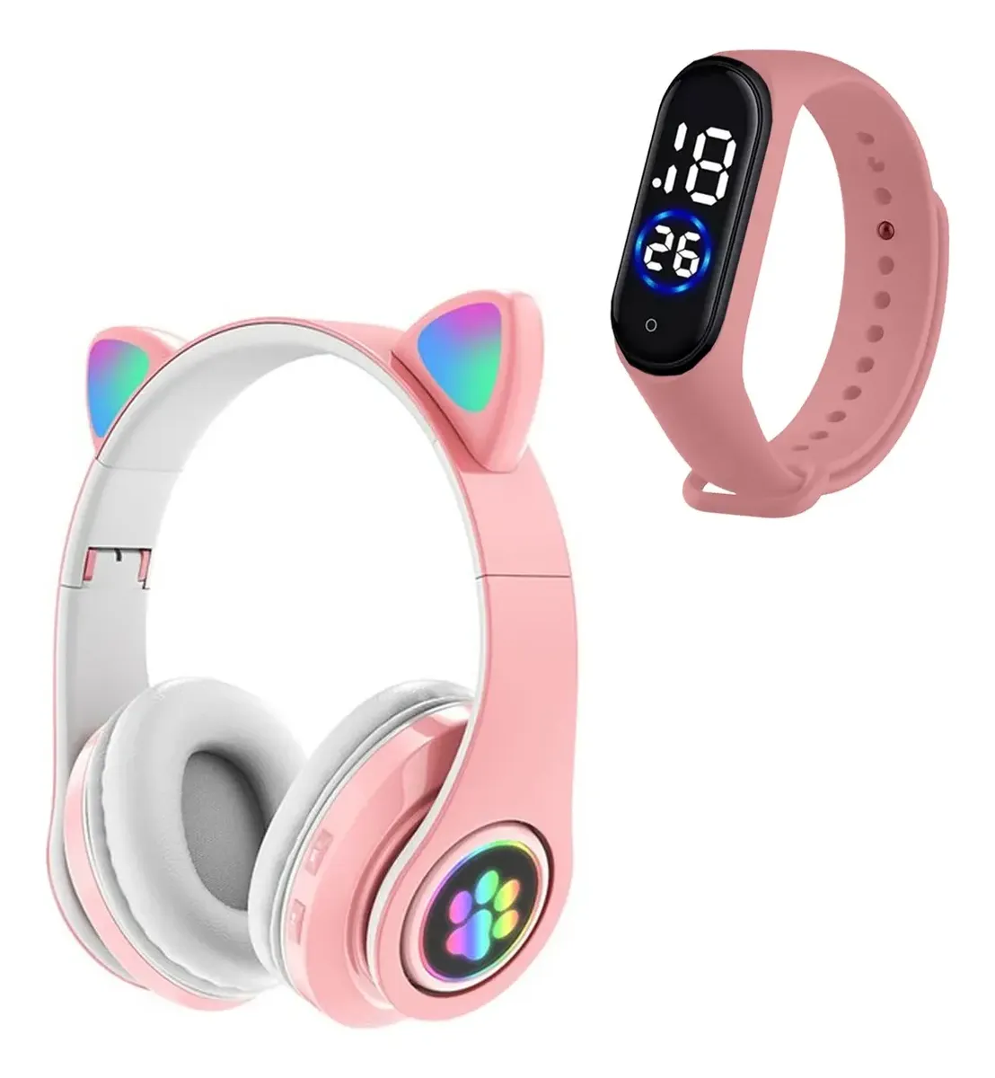 Fone de Ouvido CAT Bluetooth Kids + Relógio Led Rosa - 1