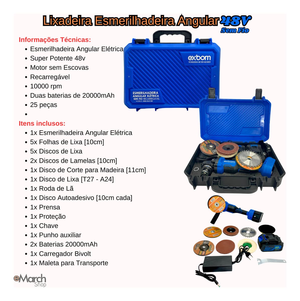Esmerilhadeira Angular 48v 2 Baterias 20000mah 25 Peças - 3