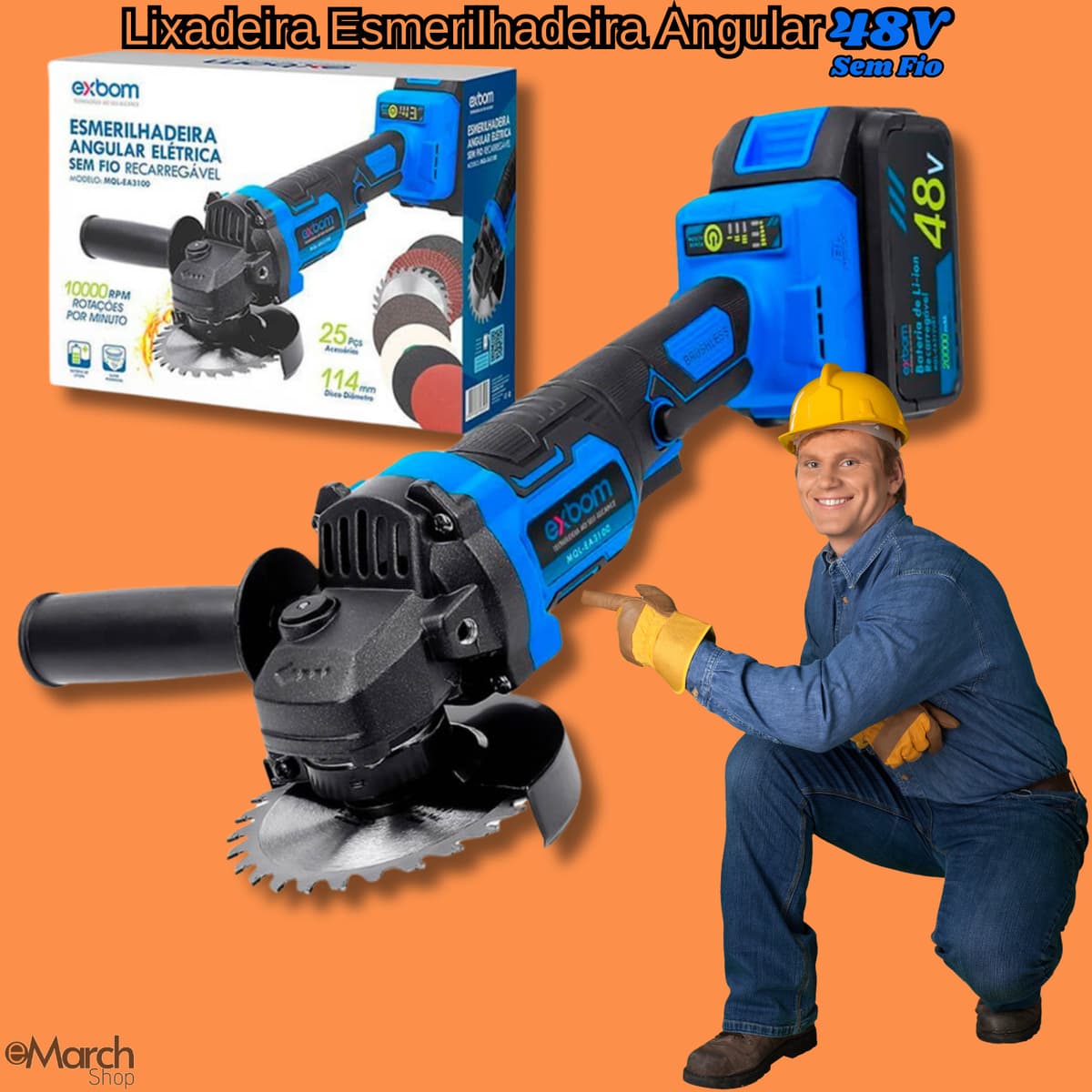 Esmerilhadeira Angular 48v 2 Baterias 20000mah 25 Peças - 10