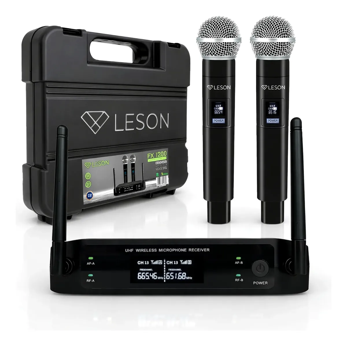 Microfone Leson Dinâmico Fx1200 Sem Fio Duplo Digital Uhf - 1