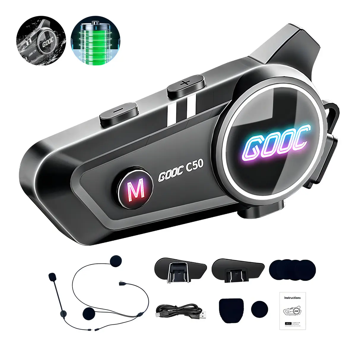Fone Bluetooth Para Capacete GOOC C50 Preto - 1