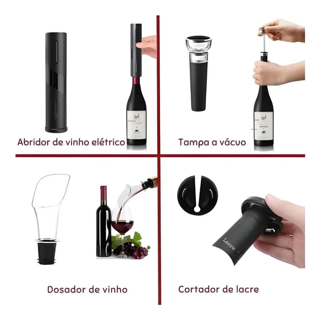 Abridor De Vinho Elétrico Com Pilhas Kit Com 4 Peças - 9