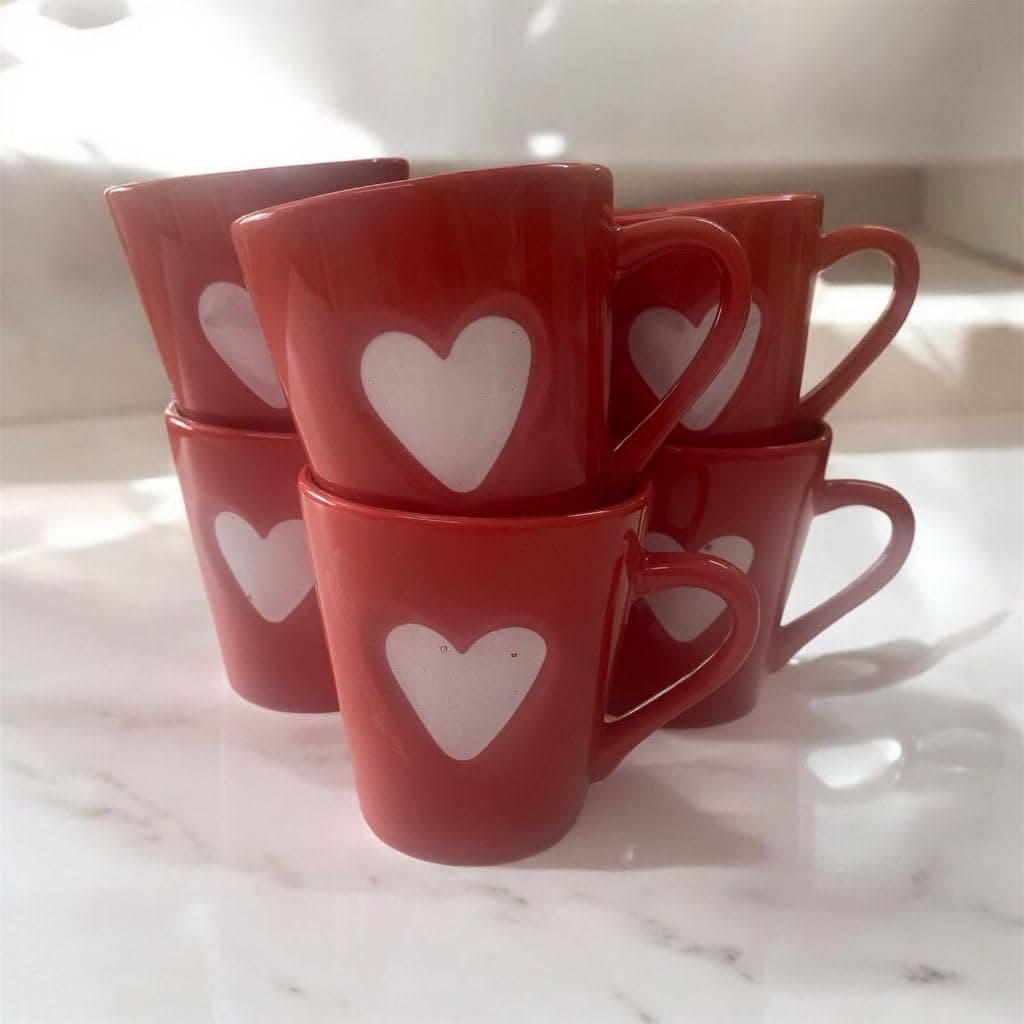 Jogo 6 Xícaras De Café Porcelana Vermelha Com Coração Em Relevo - 2
