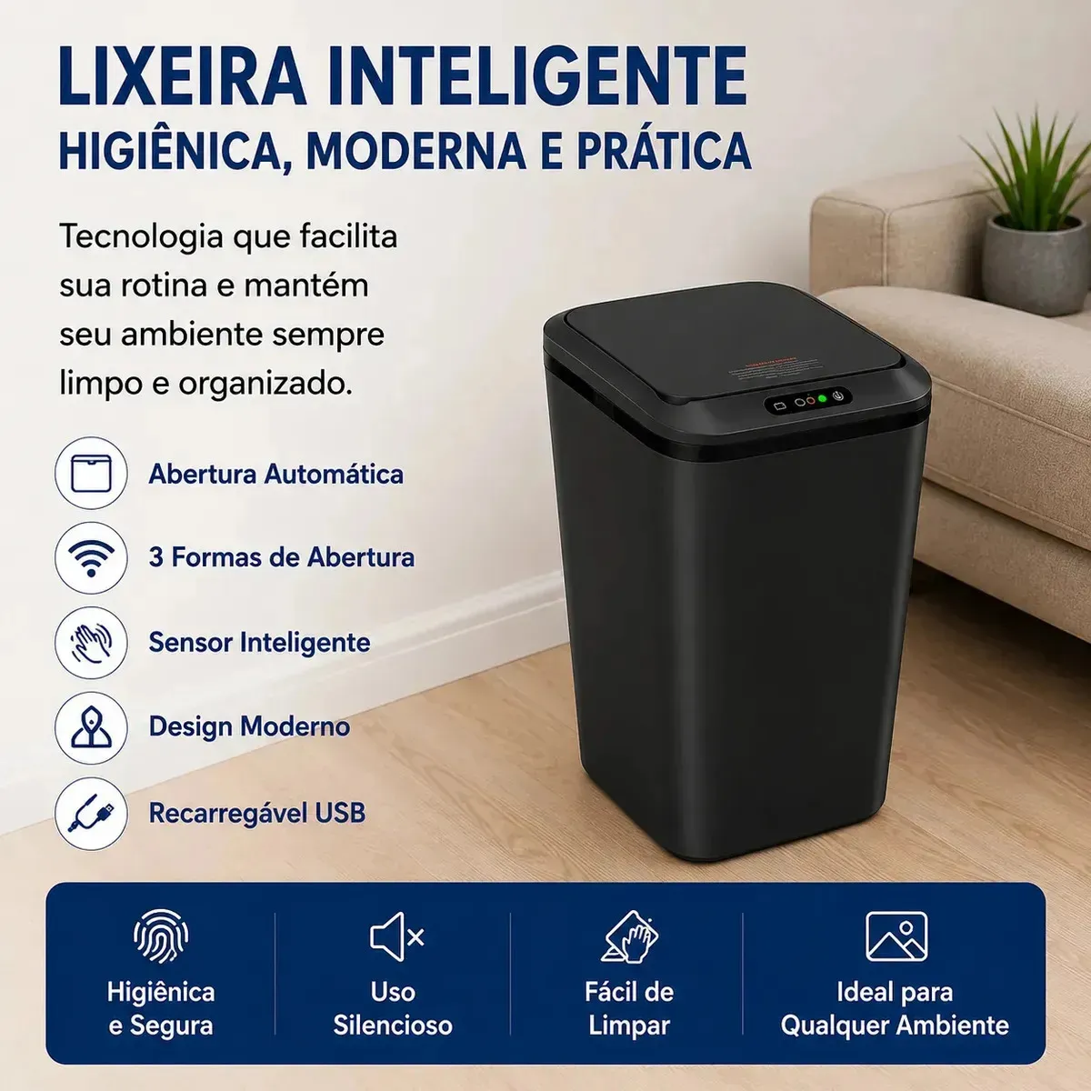 Lixeira Inteligente Com Sensor Automatico Preta - 5
