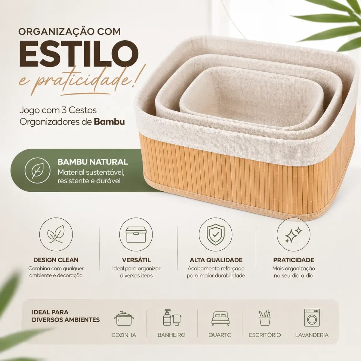 3 Cestos Organizadores Bambu Multiuso Lehaví Cor:Marrom - 2