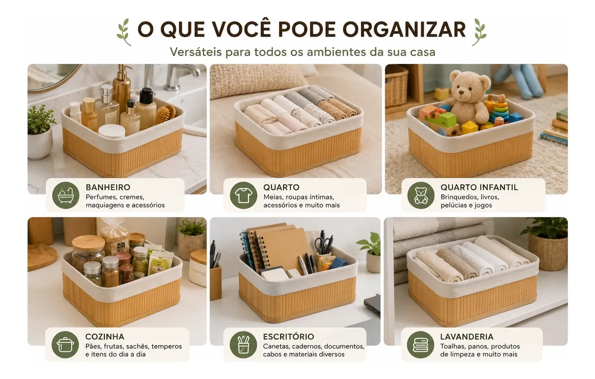 3 Cestos Organizadores Bambu Multiuso Lehaví Cor:Marrom - 7