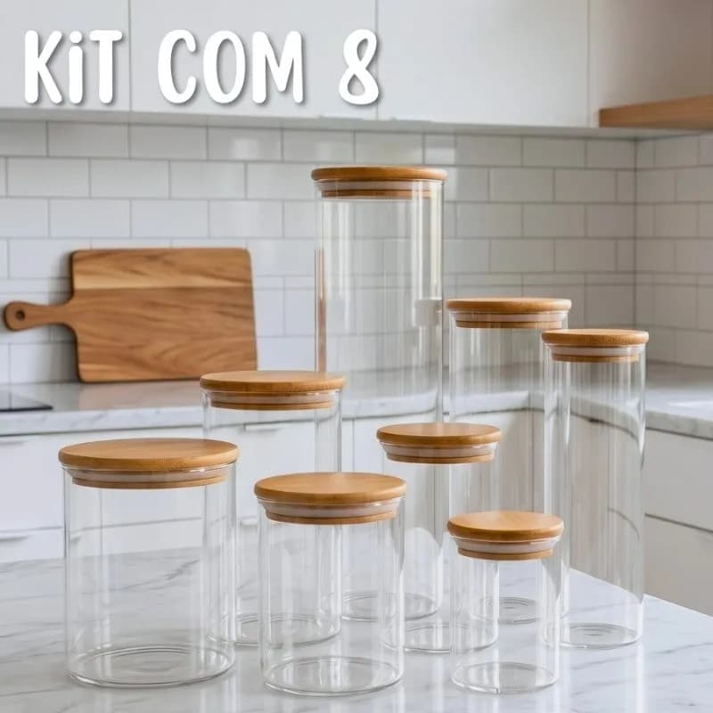 Kit 8 Potes De Vidro Com Tampa De Bambu Herméticos Redondos - 6