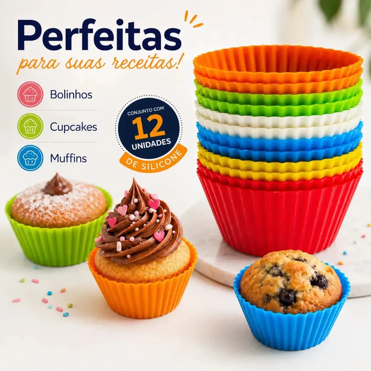 Kit 12 Formas De Silicone Reutilizáveis Para Cupcake Cor:Cores Variadas - 2