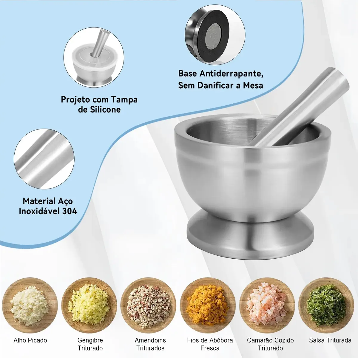 Pilão Socador Macerador Almofariz Em Aço Inox Antideslizante - 2