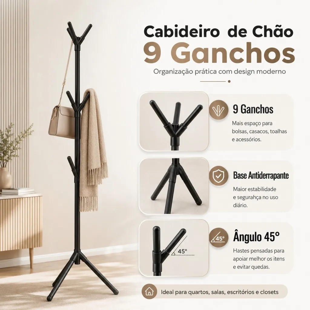 Mancebo Cabideiro De Chão Arara 9 Ganchos Organizador - 3