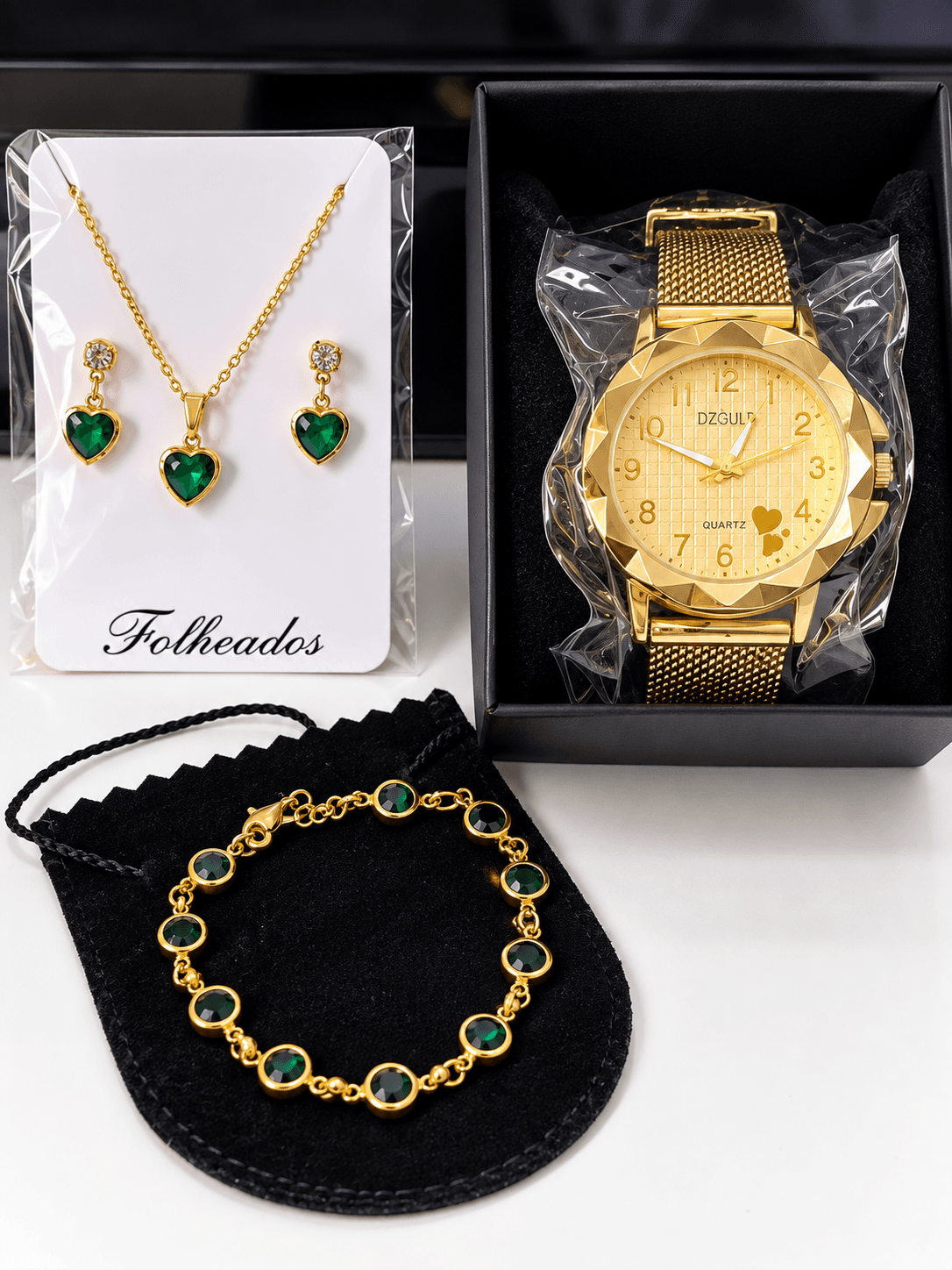 Relógio feminino + kit colar brinco,pulseira folheado a ouro - 1