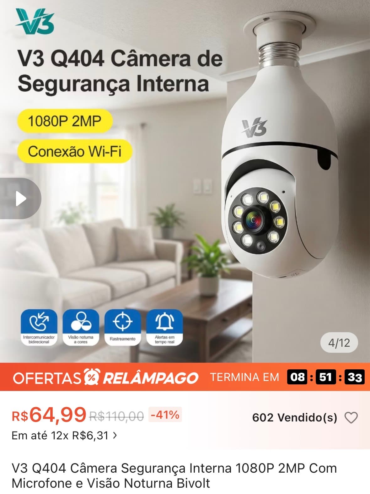 Câmera de segurança em formato de lâmpada via Wi-Fi - 1