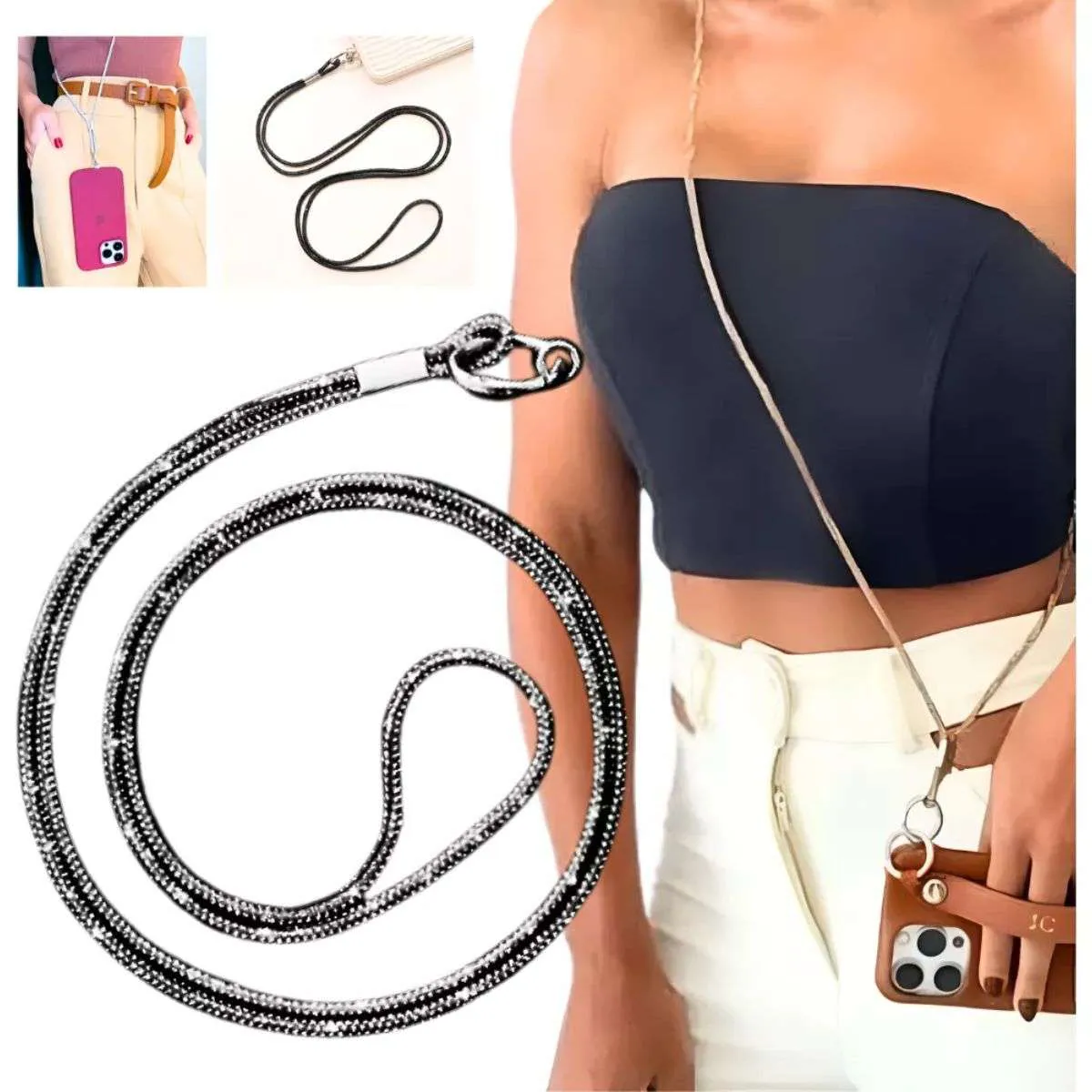 Alça Cordão Ajustável Para Celular Com Brilho Strass 56cm- Cores Sortidas - 1