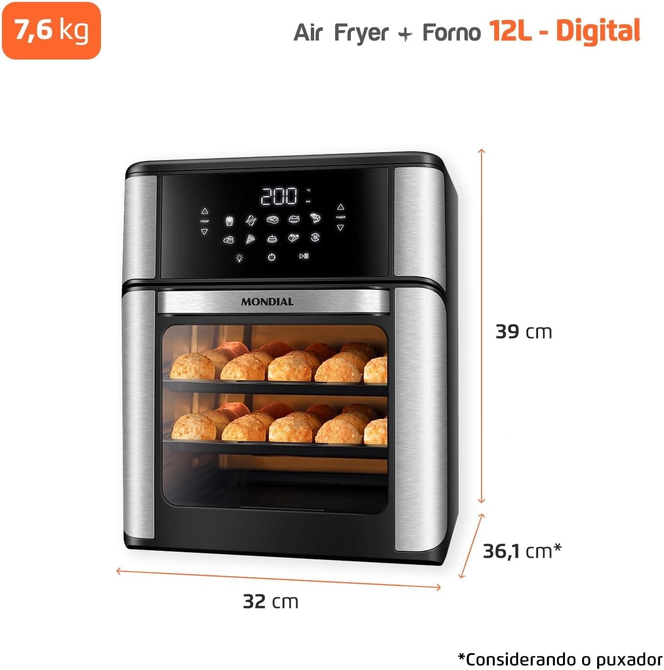 MONDIAL Fritadeira Air Fryer Forno Oven 12L, Preto/Inox, 2000W, 110V - AFON-12L-BI - 1