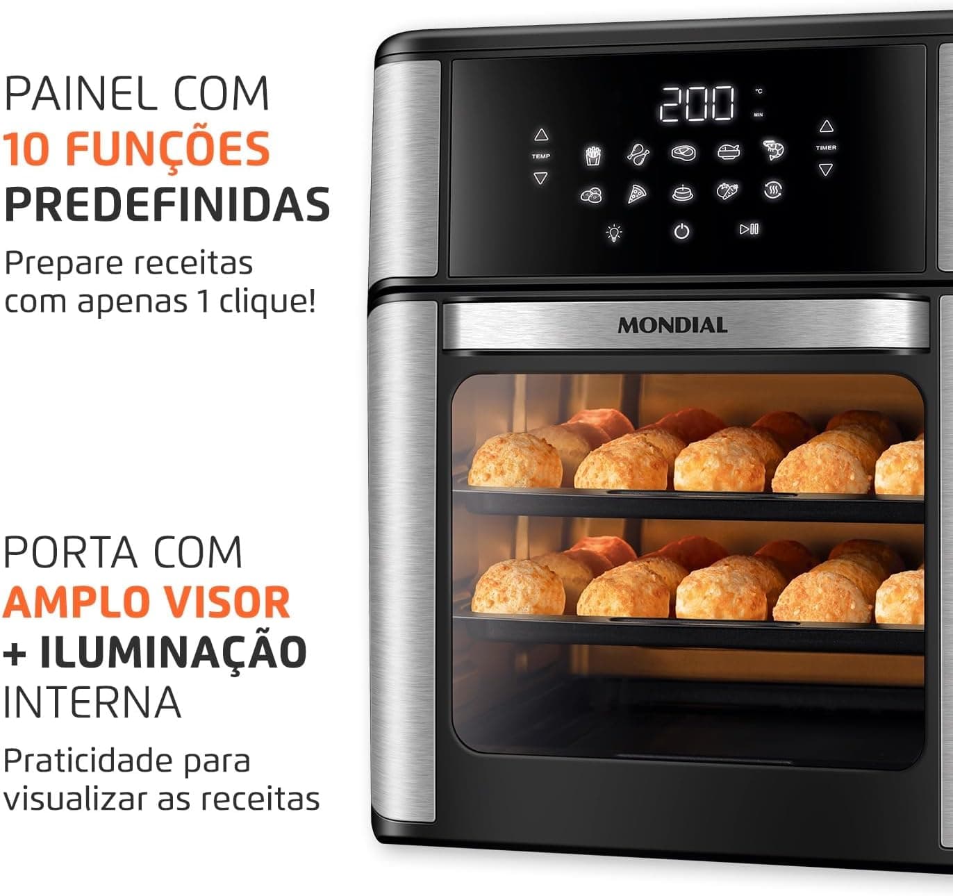 MONDIAL Fritadeira Air Fryer Forno Oven 12L, Preto/Inox, 2000W, 110V - AFON-12L-BI - 2