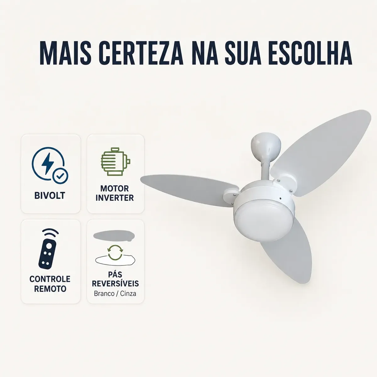 Ventilador de Teto Ventisol Elluz, Branco/Cinza, 3 Pás - 1