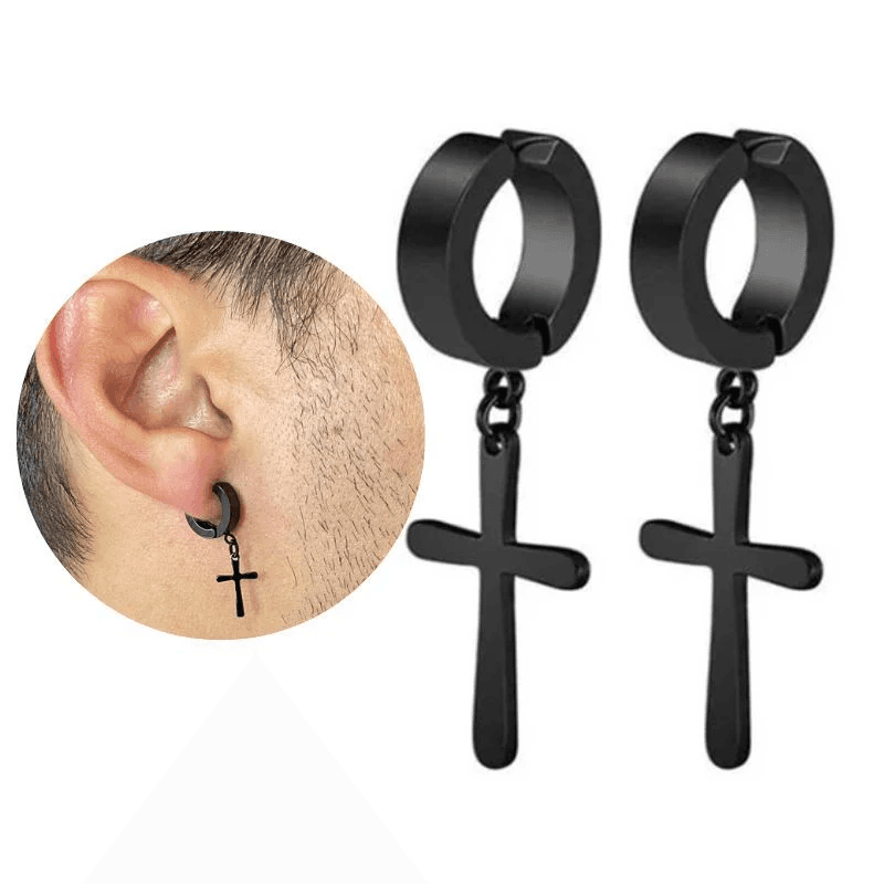 Brinco Argola Pressão 4mm Cruz Lisa Aço Preto - 1