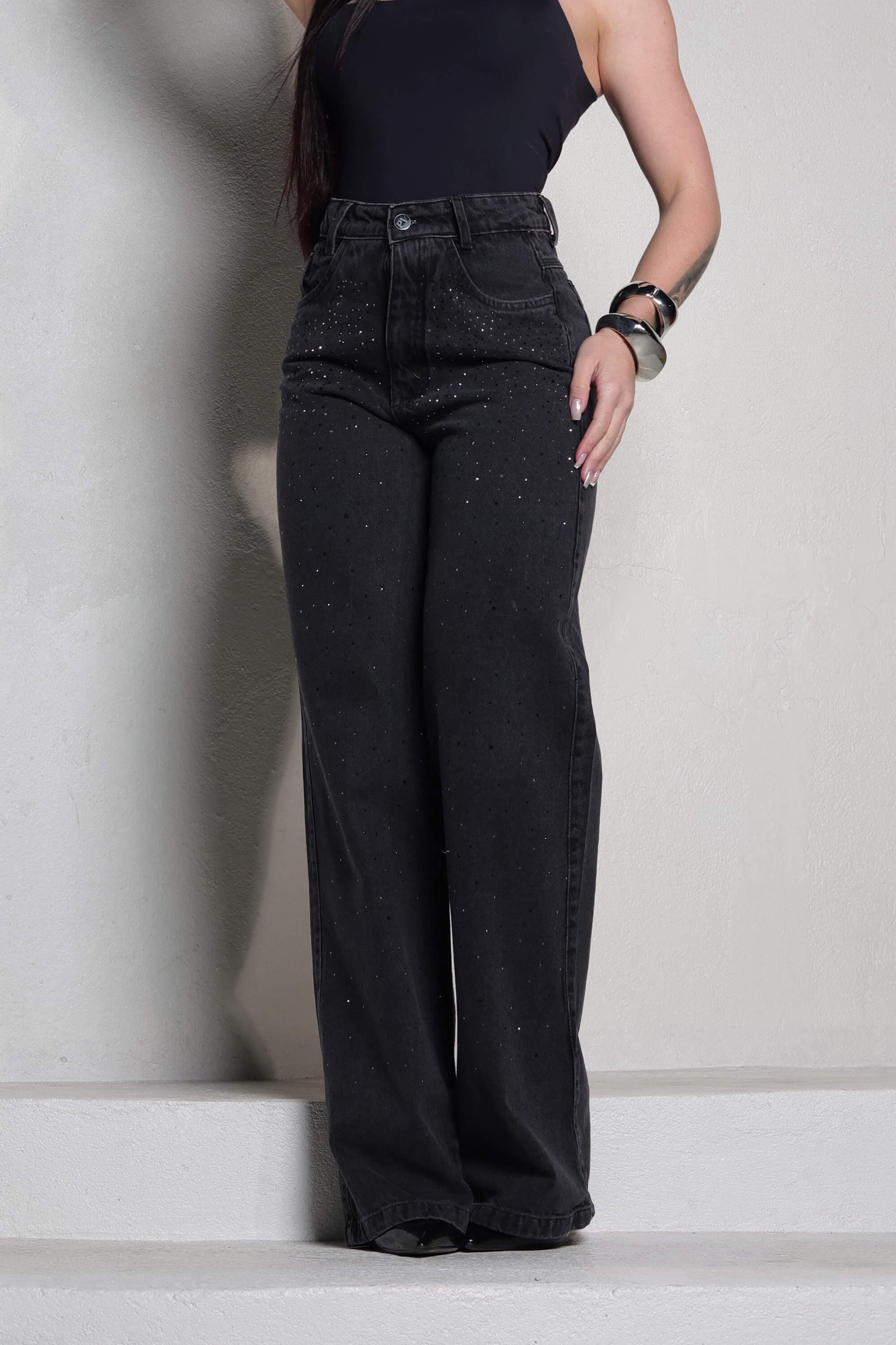 Calca jeans Wide leg premium com brilho strass Chumbo Cor:Chumbo;Tamanho:38 - 1