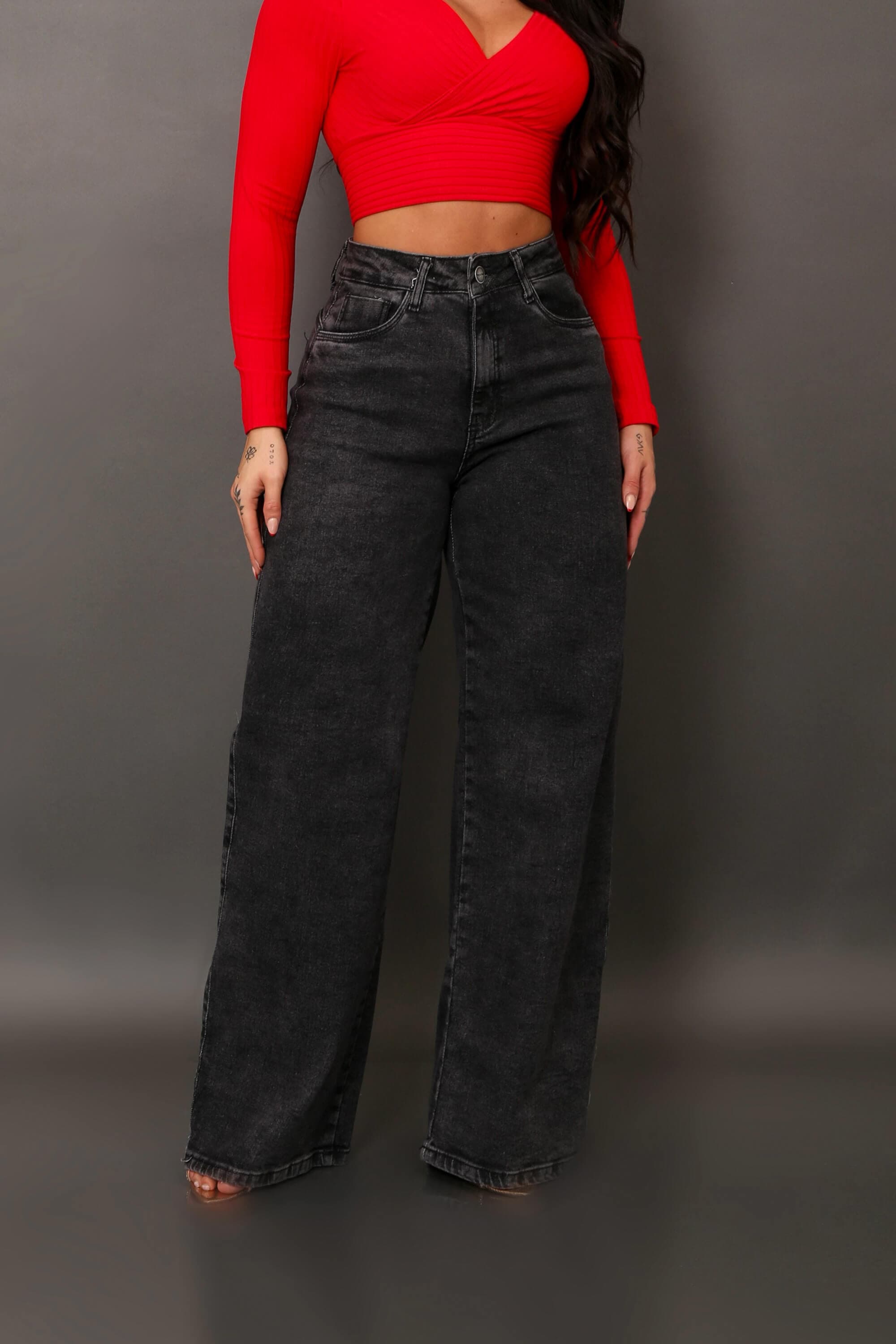 Calça jeans Wide leg feminina premium com elastano chumbo 40 - 1