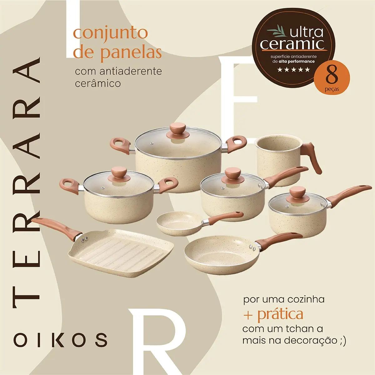 Jogo Com 8 Panelas Antiaderentes De Ceramica Terrara Bege - Oikos - 1