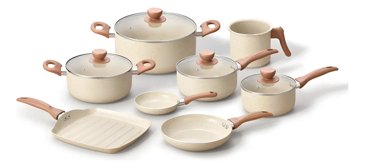 Jogo Com 8 Panelas Antiaderentes De Ceramica Terrara Bege - Oikos - 2
