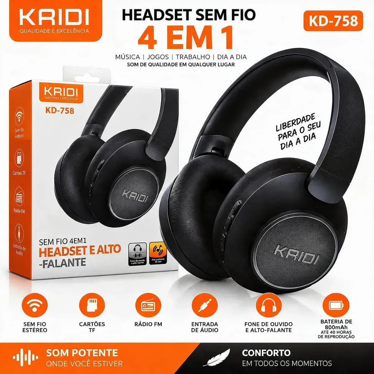 Fone Headset Kaidi Kd-758 Sem Fio Bluetooth - 1