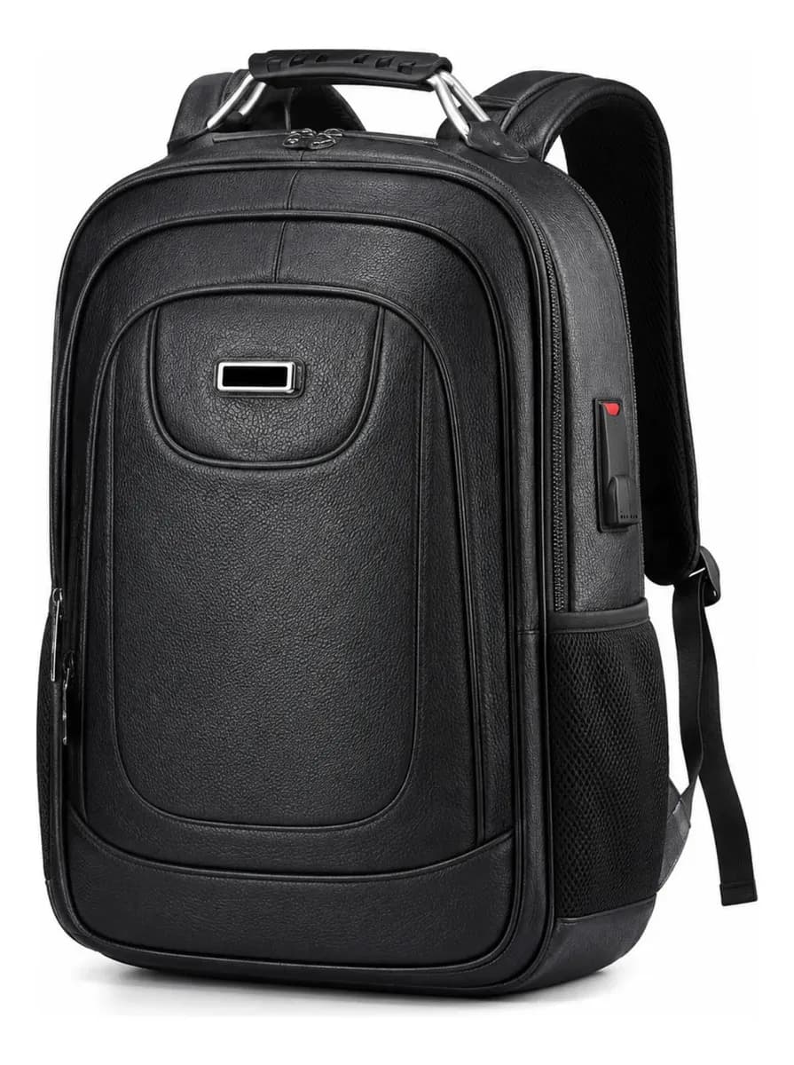 Mochila Masculina E Feminina Couro Executiva Impermeável Notebook 15,6 Viagem Reforçada Preto Liso - 1