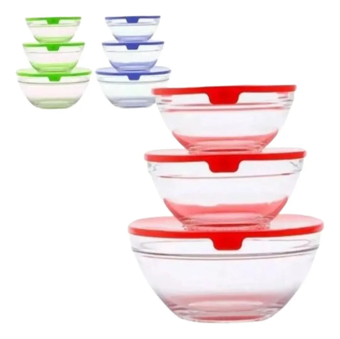Kit 3 Tigela Bowls Pote Armazenamento Vidro Tampa Plástico Cores variadas - 1