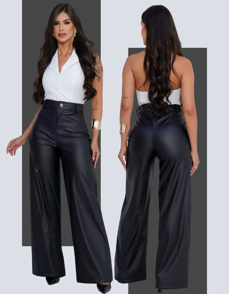 Calça Couro Feminina Wide Leg Cintura Alta Pantalona Premium TAM/GG - 1