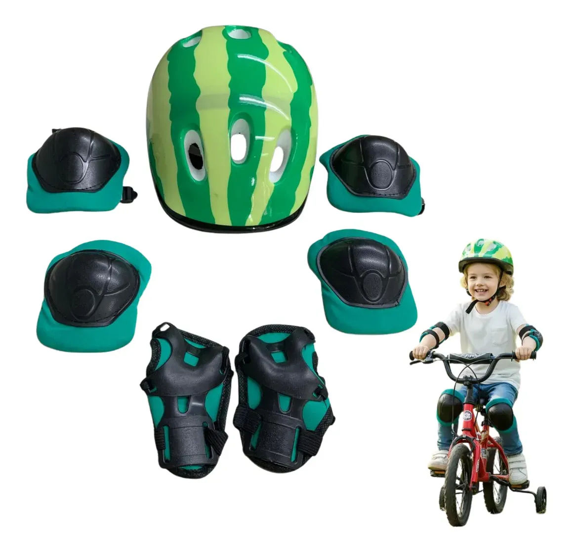 Kit Infantil Capacete Bike Joelheira Cotoveleiras Proteção Patins Skate Bicicleta Verde Melancia - 1