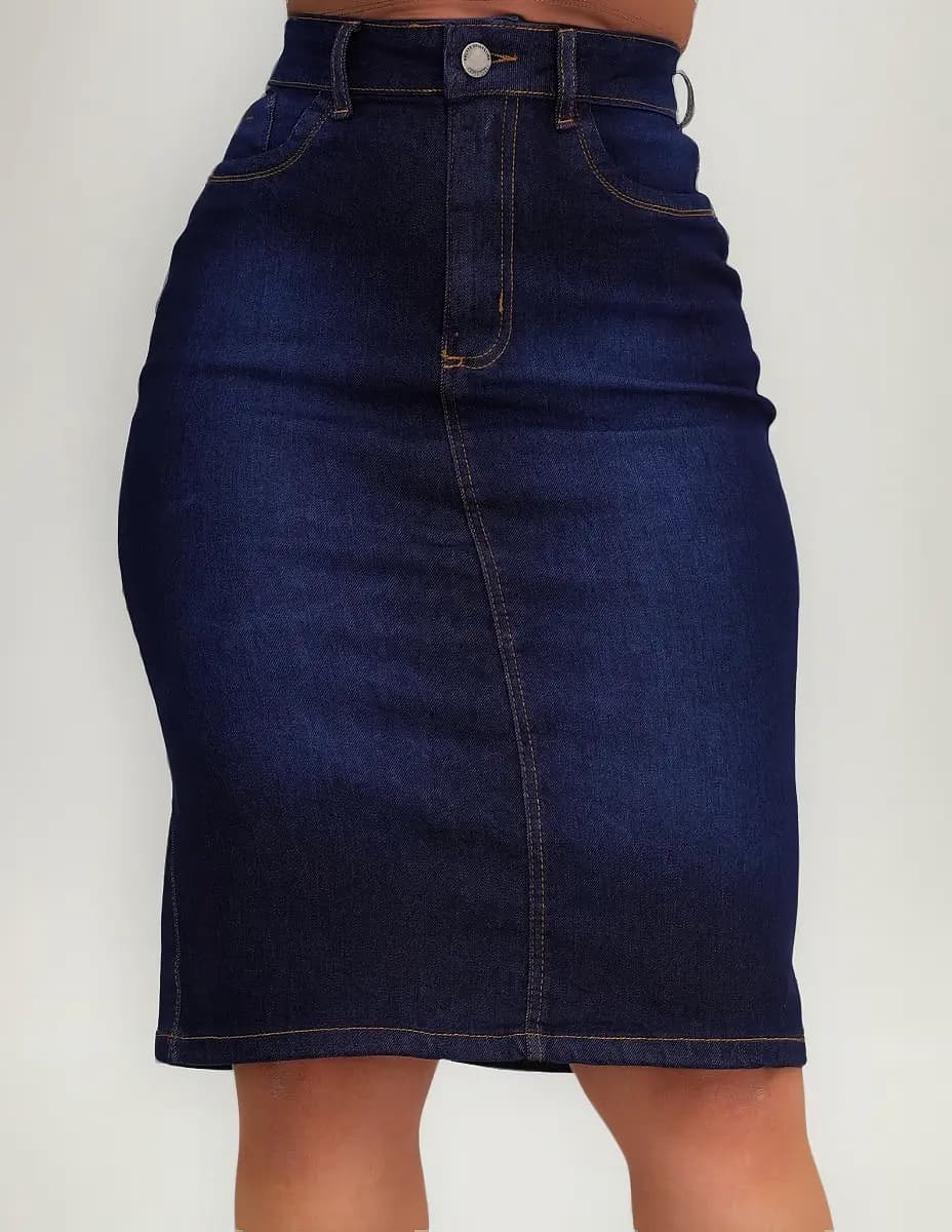 Saia Jeans Evangelica Secretária Cintura Alta Midi Feminina - 1