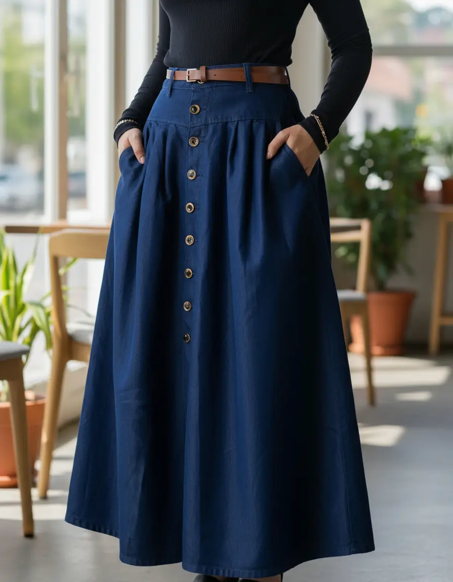 Saia Jeans Longa Com Cinto E Com Botões Tecido Leve Fashion - 1