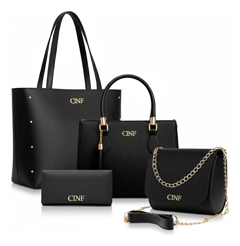 Kit Bolsas Feminina Sacola Transversal Tira Colo Carteira Cor Preta - 1