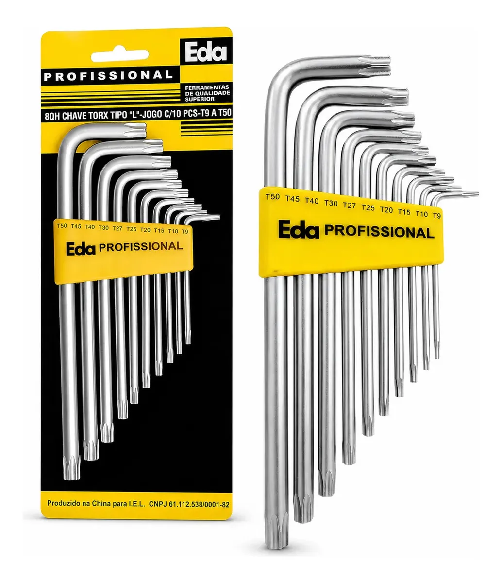 Jogo Chave Torx L Aço Eda 10 Peças T9 a T50 Longa Amarelo - 1