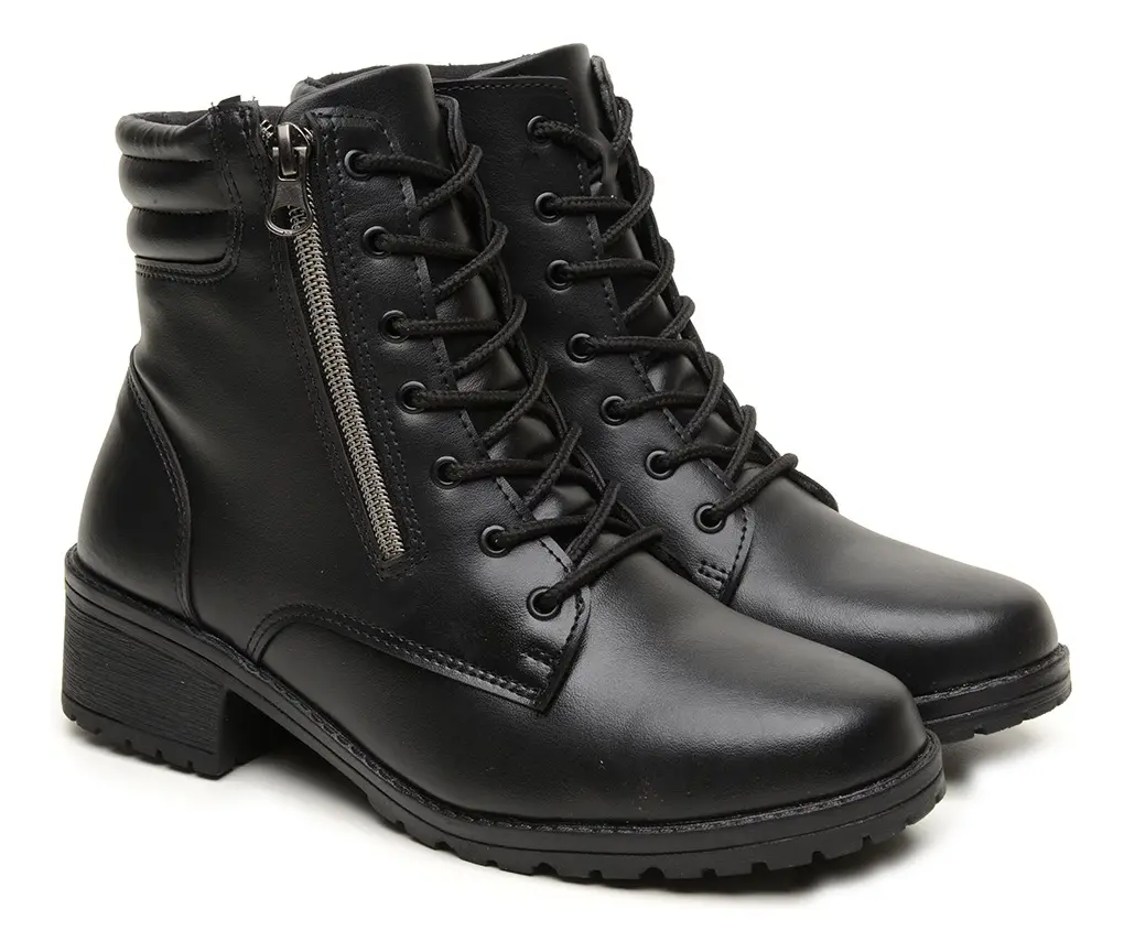Bota Coturno Feminino Casual Salto Baixo Zíper Confortável - 1