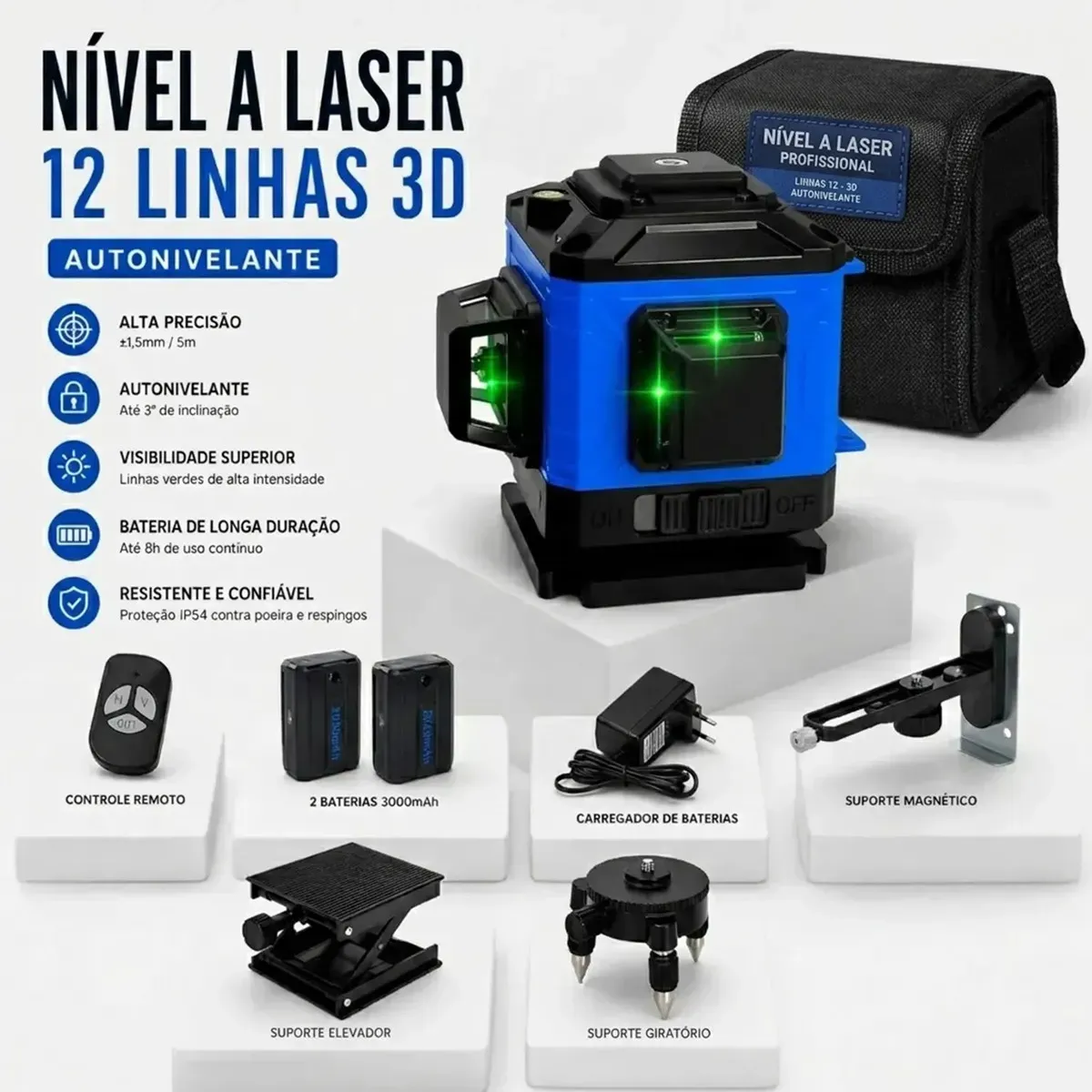 Nível A Laser Verde 12 Linhas Esquadro + Suporte + Tripé Recarregável Profissional Prumo 30m Autonivelante Haixia - 1