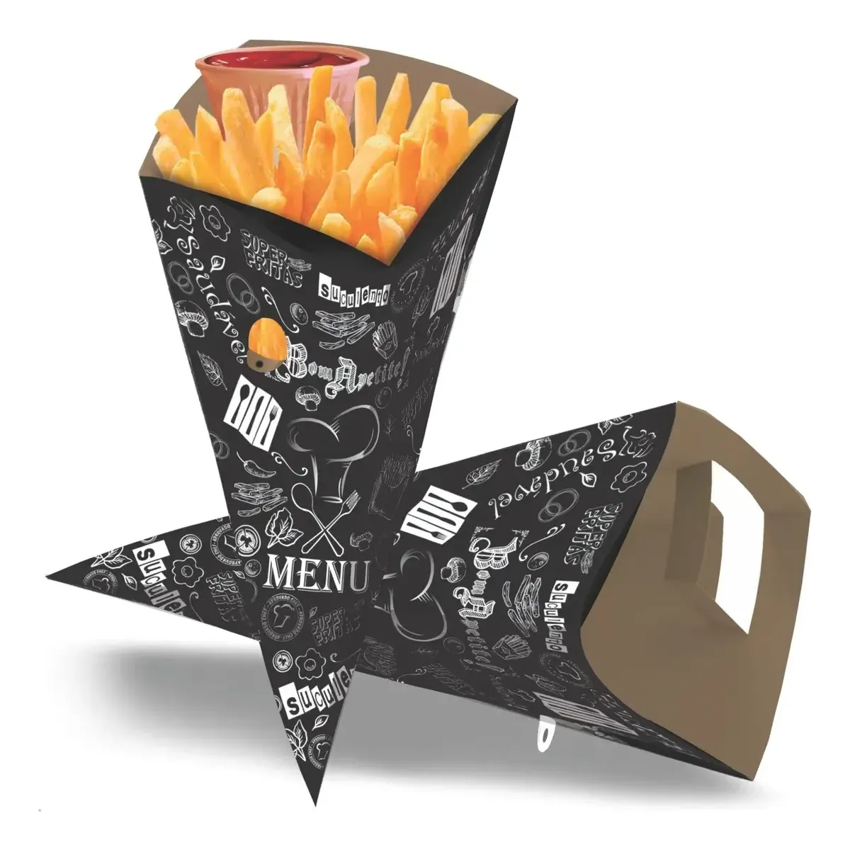 Caixa Embalagem Cone Delivery Batata Frita C/desenho C/100 Preto - 1