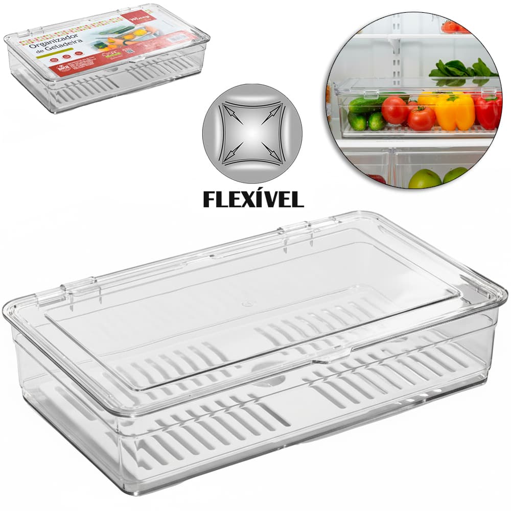 ORGANIZADOR DE GELADEIRA PLASTICO PET FLEXIVEL RETANGULAR COM ESCORREDOR + TAMPA 27,5X16,8X6CM - 1
