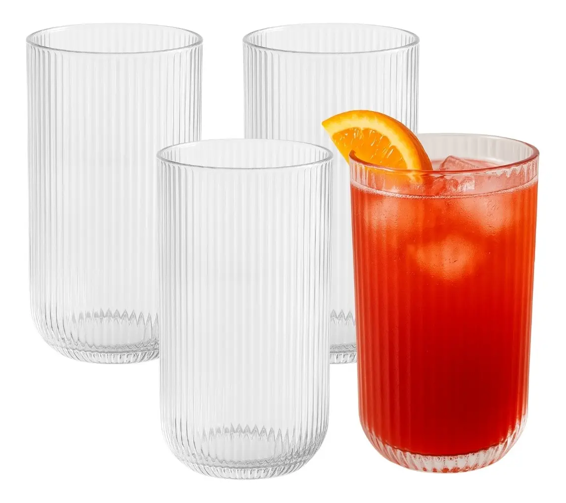 Conjunto 4 Copo De Vidro Alto Cameratta Canelado Sucos 450ml - 1