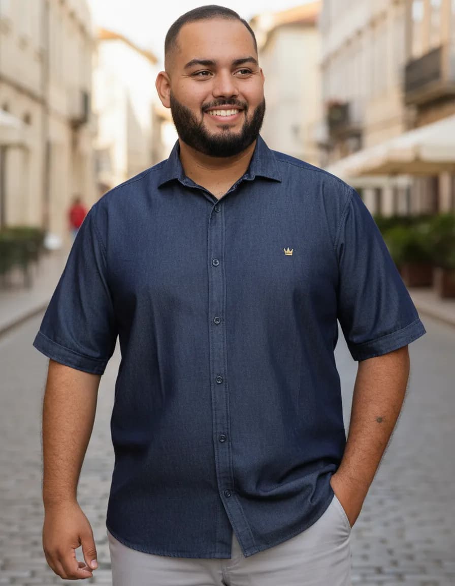 Camisa jeans plus size masculina jeans manga curta TAM G1 - 1