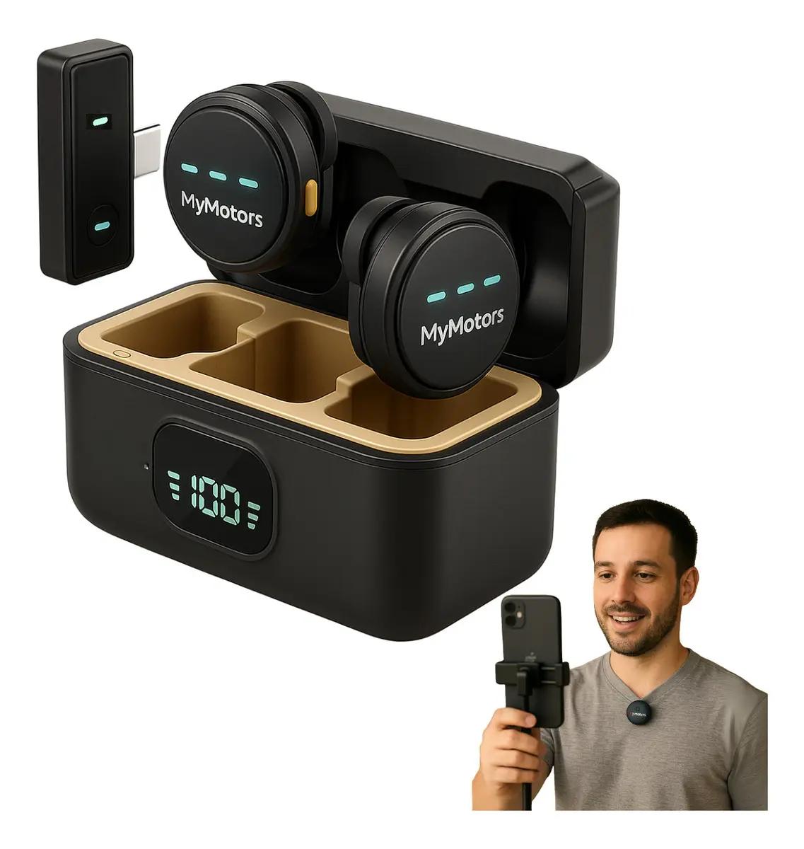 Microfone Lapela Mymotors Preto Sem Fio Tipo C e Lightning - 1