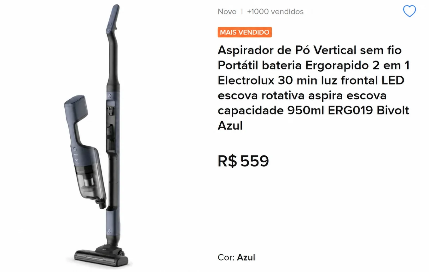 ASPIRADOR DE PĂ ELECTROLUX 2 EM 1 SEM FIO BAIXO RUIDO BIVOLT DE R$ 559,00 por - 1